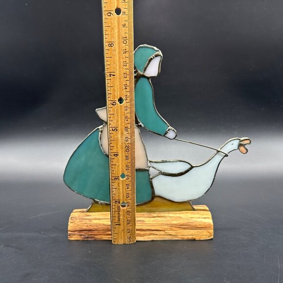 Vintage Stained Glass Goose Maiden Girl Wooden Display Cottagecore Country - Picture 11 of 12